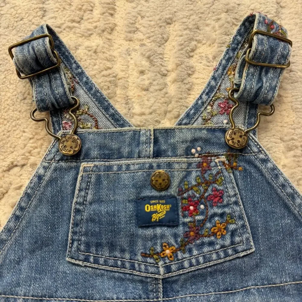 Vintage OshKosh B’gosh Girls Denim Jumper Overall Dress Embroidered Flowers 4T